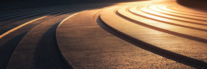 Aufkleber - A curved running track leads into the distance, illuminated by the warm glow of sunset, providing space for text or branding. Generative AI