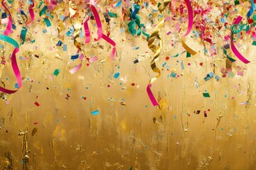 Leinwandbilder - Bright confetti and playful curling ribbons cascade over a shimmering golden backdrop, perfect for celebrating a festive New Year. Generative AI