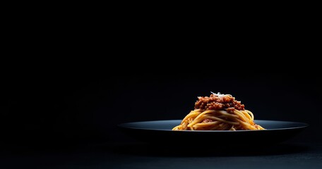 Sticker - Close-up of spaghetti bolognese on a black plate against a dark background.