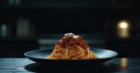 Sticker - Close-up of a delicious plate of spaghetti bolognese topped with grated parmesan cheese.