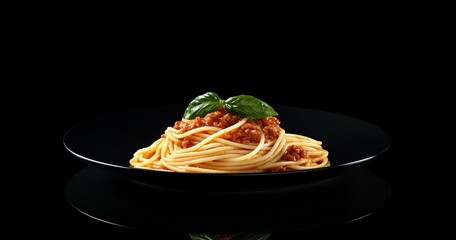 Sticker - Delicious spaghetti bolognese on a black plate, garnished with fresh basil, isolated on black background.