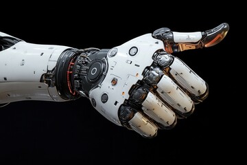 Poster - Robotic arm giving thumbs up; white, black, orange accents. Perfect for tech, AI, future, or positive concepts.