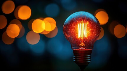 Poster - Close-Up of an Illuminated Vintage Light Bulb with Raindrops Against a Beautiful Bokeh Background of Soft Blue and Orange Lights for Creative and Artistic Use