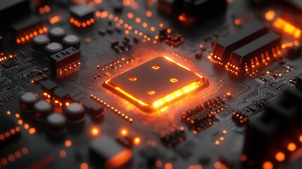 Poster - Close-up View of a High-Tech Circuit Board with Bright Orange LED Lights and Electronic Components for Technology, Innovation, and Digital Design Concepts