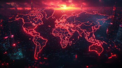 Poster - Futuristic Digital Map of the World Illuminated by Red Neon Lights Against a Cityscape Background at Dusk, Symbolizing Advanced Technology and Global Connectivity