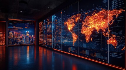 Poster - Futuristic Urban Environment Featuring High-Tech Digital Screens Displaying Global Data and Cityscape at Night with Neon Accents and a Modern Aesthetic
