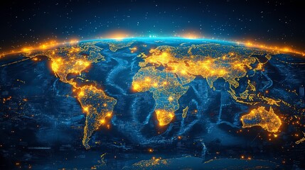 Poster - Global Network Representation at Night with Illuminated Cities and a Starry Sky Displaying Urban Connectivity Around the World