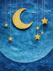 Poster - Crafted paper moon and stars hang elegantly against rich blue textures, creating a dreamy and whimsical night sky perfect for festive settings. Generative AI