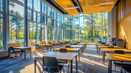 Aufkleber - A bright and spacious modern classroom with large windows, clean desks, and an open, inviting atmosphere.