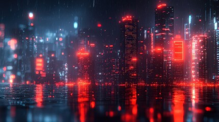 Poster - Urban Nightscape with Futuristic Skyscrapers Illuminated in Red and Blue Lights on a Rainy Evening with Reflections in Water and Atmospheric Depth
