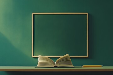 Poster - Open book, pencil, and blank frame on a shelf against a green wall.