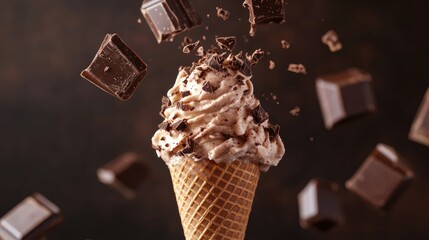 Aufkleber - A chocolate ice cream cone with icing dripping down and chocolate chunks falling into it, creating a delightful dessert scene.