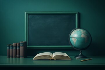 Poster - Open book, globe, vintage books, and blank chalkboard on a green desk.