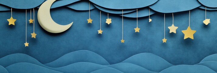 Poster - A whimsical holiday night features a crafted moon and stars suspended above soft blue textures, offering a tranquil backdrop for messages. Generative AI