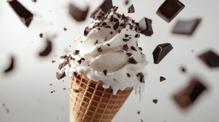 Poster - A close-up of a chocolate ice cream cone with creamy icing dripping down and chocolate pieces falling on top, creating a delicious scene.