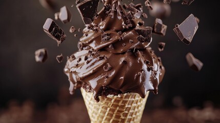 Poster - A close-up of a chocolate ice cream cone with icing cascading over and falling into chocolate pieces, making a tempting dessert treat.