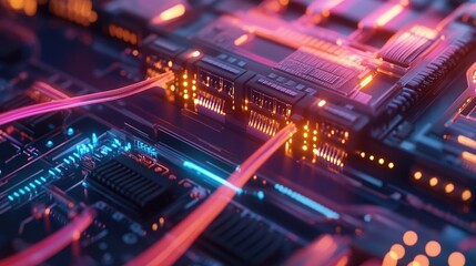 Poster - A close-up of a network switch with glowing ports and data cables, illustrating a digital communication network.