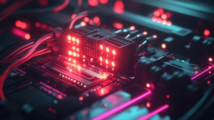 Poster - A close-up of a network switch with glowing ports and data cables, illustrating a digital communication network.