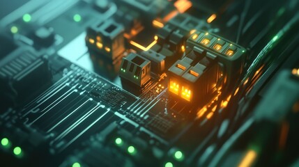 Poster - A close-up of a network switch with glowing ports and data cables, illustrating a digital communication network.