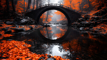 Poster - A serene autumn scene featuring a stone bridge over a reflective river, surrounded by vibrant orange and dark foliage
