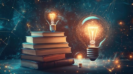 Poster - A creative abstract collage representing education and intelligence, with books, light bulbs, and futuristic elements symbolizing knowledge and learning.