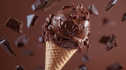 Poster - A delectable shot of a chocolate ice cream cone with glossy icing falling into scattered chocolate pieces, tempting and sweet.