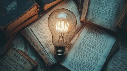 Poster - A flat lay image of a light bulb, surrounded by books and papers, representing the process of clarifying complex ideas and creative thinking.