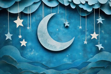 Poster - A whimsical holiday night shows a paper moon and stars suspended over a textured blue background, creating a magical atmosphere ideal for decoration. Generative AI