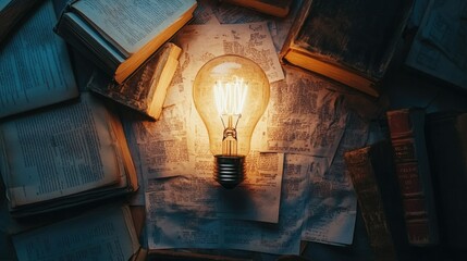 Poster - A flat lay image of a light bulb, surrounded by books and papers, representing the process of clarifying complex ideas and creative thinking.