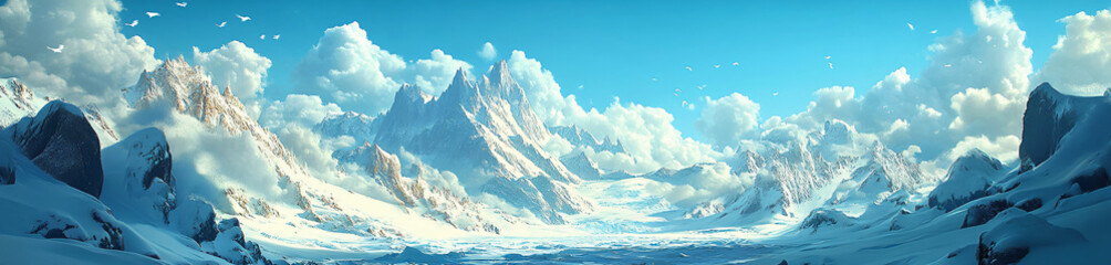 Poster - A similar panoramic view of a winter landscape featuring snow-covered mountains and a clear sky, emphasizing the beauty of nature for outdoor enthusiasts.