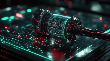 Poster - A futuristic digital gavel with glowing circuits, symbolizing the convergence of technology and the legal world in the digital era.