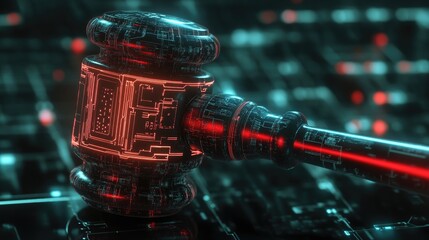 Poster - A futuristic digital gavel with illuminated circuits, highlighting the merging of legal systems and advanced technology in modern society.