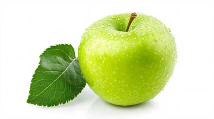 Wall Mural - Green apple with a leaf, isolated on a white background.