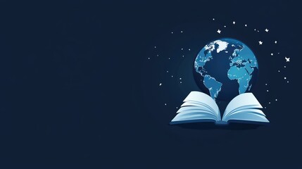Poster - A global education concept featuring an open book and a globe of Earth, set against a dark blue backdrop representing worldwide learning.