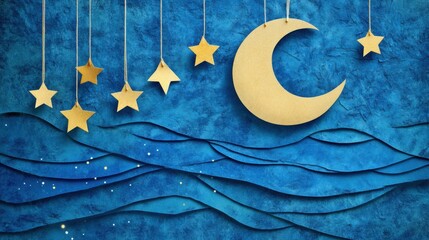 Poster - A captivating holiday night setting features a paper moon and stars suspended among soothing blue textures, perfect for decor. Generative AI