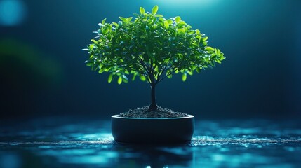 Wall Mural - Lush green bonsai tree in a dark blue setting.