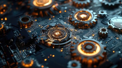 Poster - A high-tech digital concept with interconnected gears, hexagons, and circuit boards, showcasing telecom and engineering advancements.