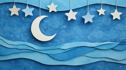 Poster - A peaceful holiday night features a paper-crafted moon and stars suspended above layered blue textures, creating a serene and whimsical ambiance. Generative AI