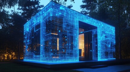 Poster - A house made of circuits and wires, with blue holographic lines representing a smart home technology concept and futuristic living.