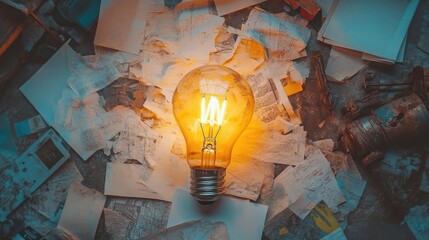Poster - A light bulb surrounded by papers and concepts in a flat lay, symbolizing the clarity and creativity in solving complex ideas.