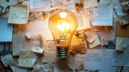 Poster - A light bulb surrounded by papers and concepts in a flat lay, symbolizing the clarity and creativity in solving complex ideas.