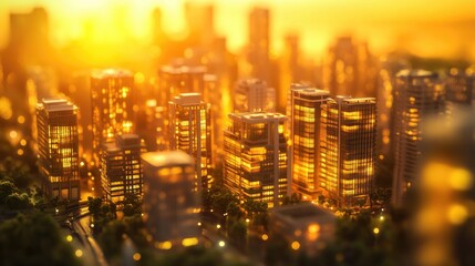 Poster - A miniature model of a modern city, bathed in the golden glow of sunset, showcasing intricate architectural details.