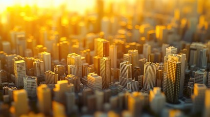Poster - A miniature model of a modern city, bathed in the golden glow of sunset, showcasing intricate architectural details.