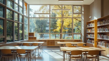 Poster - A modern educational space with large windows, stylish desks, and plenty of natural light.