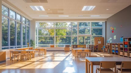 Poster - A modern educational space with large windows, stylish desks, and plenty of natural light.
