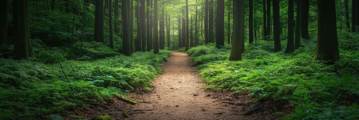 Poster - Wander down a peaceful pathway surrounded by dense woods, illuminated by soft, natural light, perfect for adding your own message. Generative AI