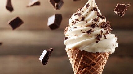 Poster - A rich chocolate ice cream cone with melting icing and chunks of chocolate falling, evoking indulgence and sweetness.