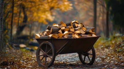 Poster - A rustic, rusty wheelbarrow overflowing with firewood, surrounded by nature, ready for use in a fire or heating.