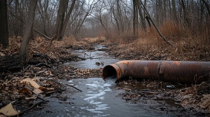 Aufkleber - A rusty pipe leaking water into a stream, surrounded by debris and barren trees, symbolizing environmental damage and pollution.
