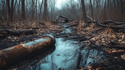 Aufkleber - A rusty pipe leaking water into a stream, surrounded by debris and barren trees, symbolizing environmental damage and pollution.